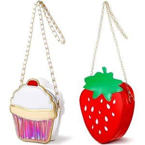 2 Included Strawberry Purse & Cupcake Purse Kawaii Food Fruit Purse w/ Chain